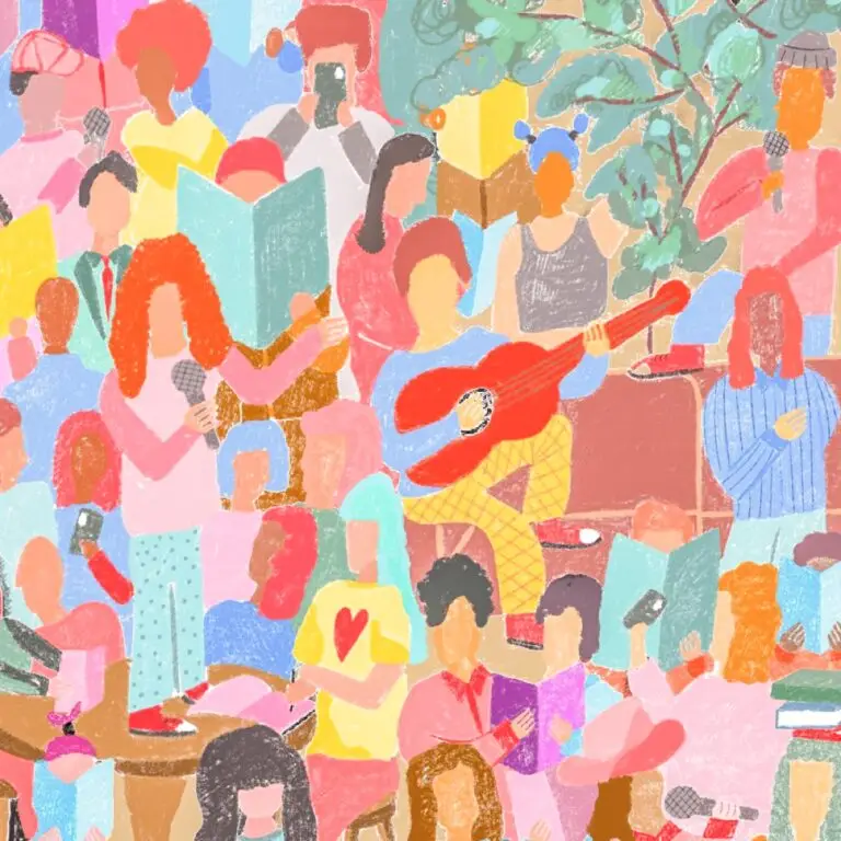 Illustratie van een Tekstverslaafd-avond in Roermond: publiek, voordragers en muzikanten