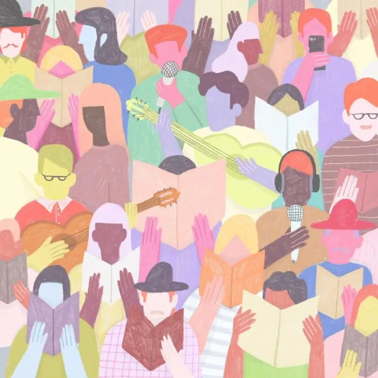 Illustratie van een Tekstverslaafd-avond in Sittard: publiek, voordragers en muzikanten