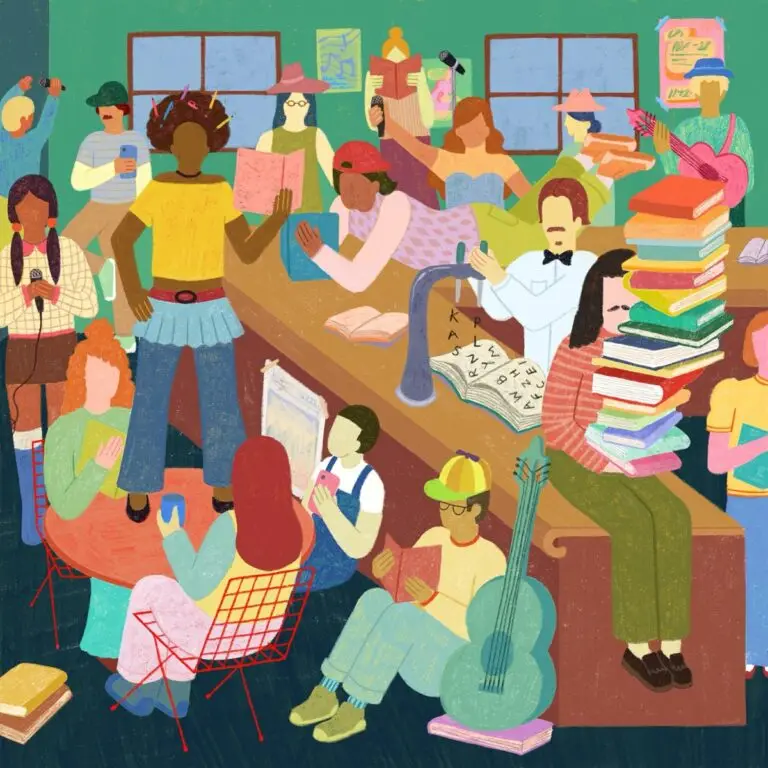 Illustratie van een Tekstverslaafd-avond in Venlo: publiek, voordragers en muzikanten